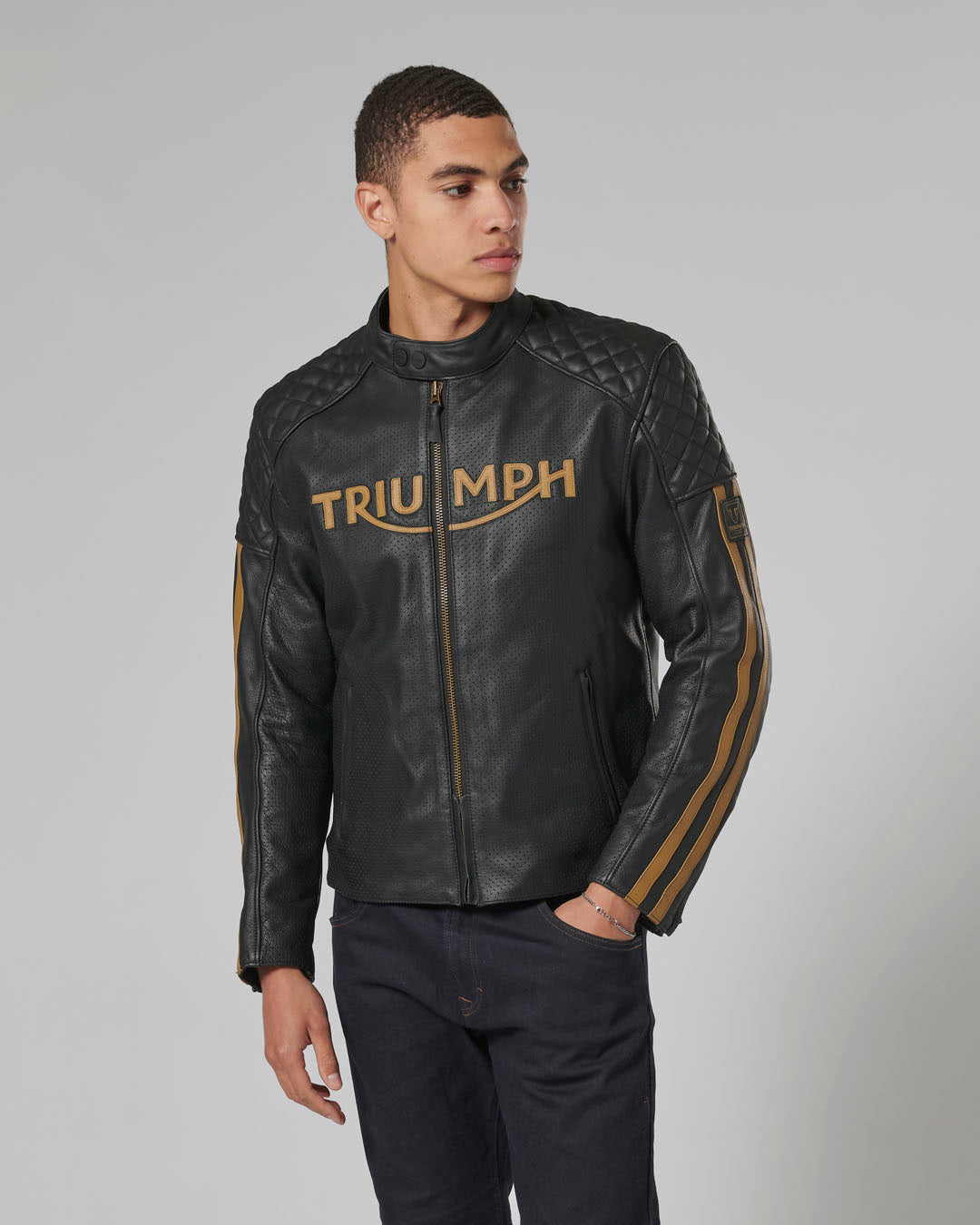 Braddan Air Racing Leather Jacket in Black and Gold