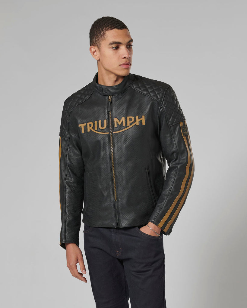 Braddan Air Racing Leather Jacket in Black and Gold Grange Shop