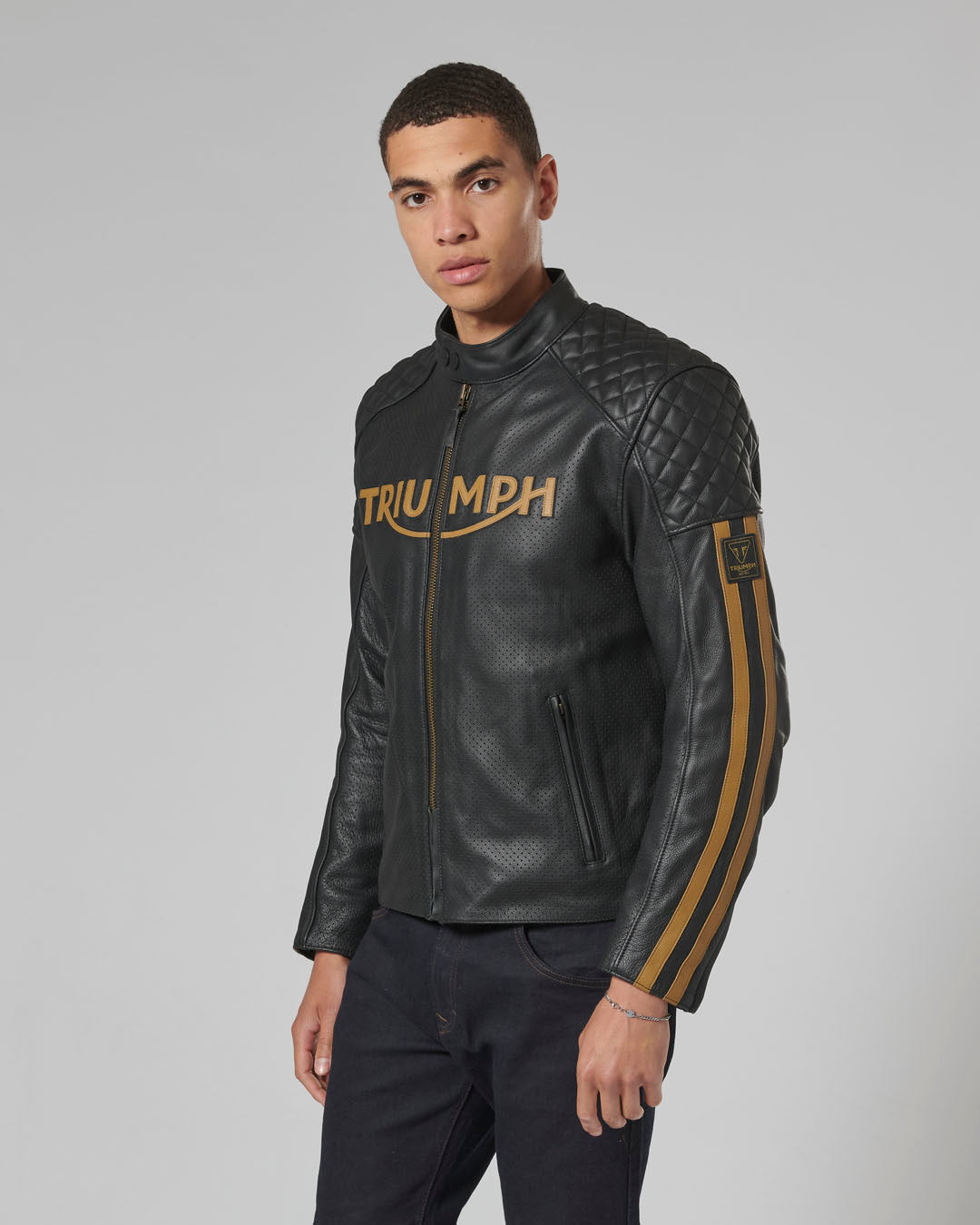 Braddan Air Racing Leather Jacket in Black and Gold